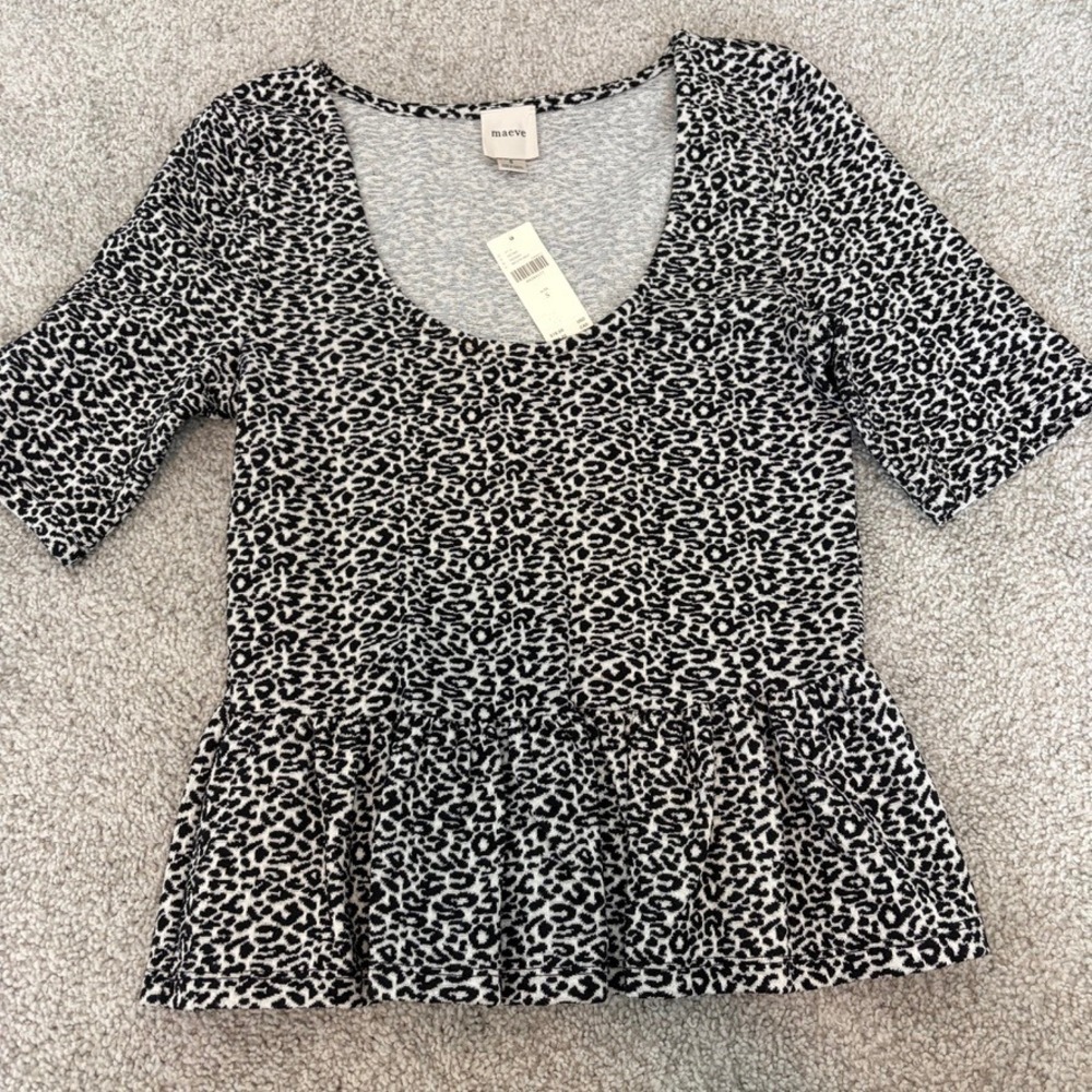 Maeve Anthropologie Peplum Top Womens S Leopard Black Stretch Comfort Casual